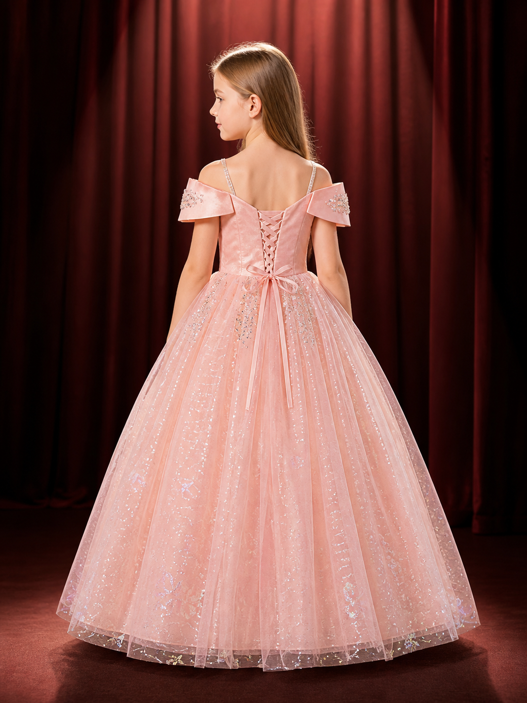 Girls' Pink Princess Dress, Sequined Ruffle-Sleeve Long Formal Gown back view