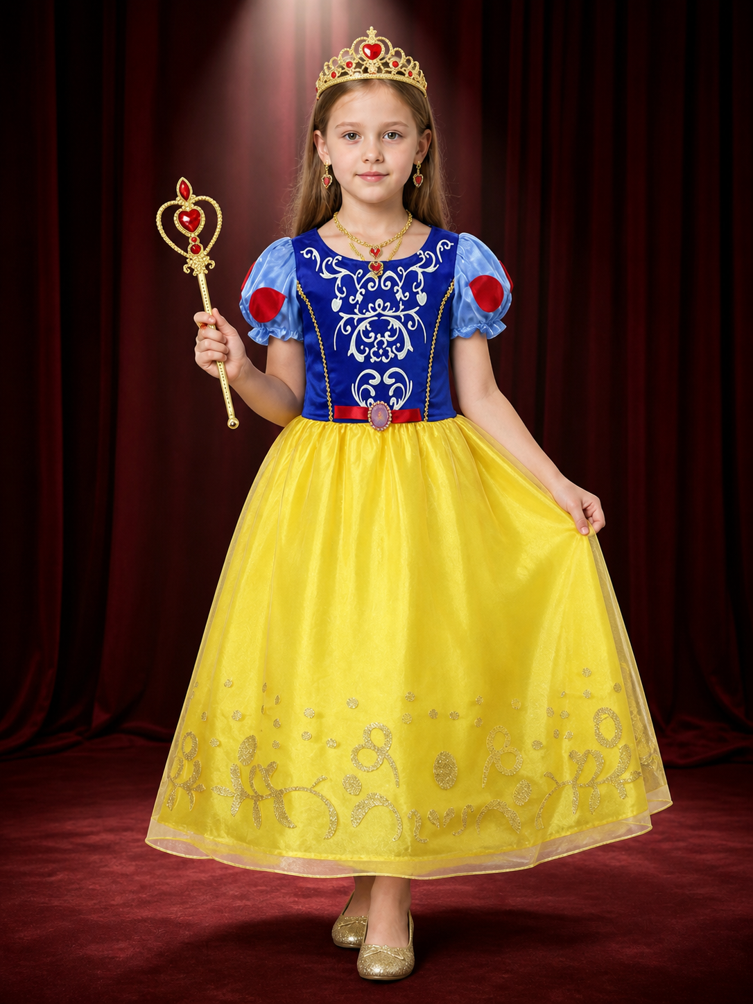 Girls Snow White Princess Costume Set - Tutu Dress With Puff Sleeves, Crown back view