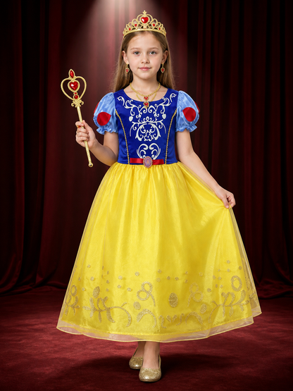 Girls Snow White Princess Costume Set - Tutu Dress With Puff Sleeves, Crown back view