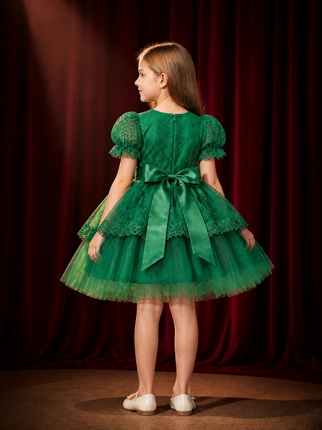 Girls' Dark Green Princess Party Dress with Lace Trim and Puff Sleeves back view