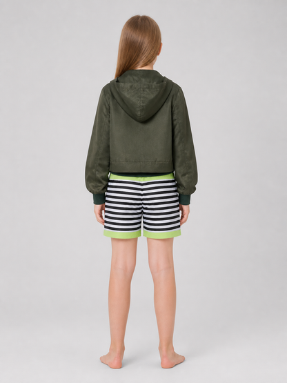 Matilda Cosplay Costume: Olive Jacket, Top, and Shorts back view