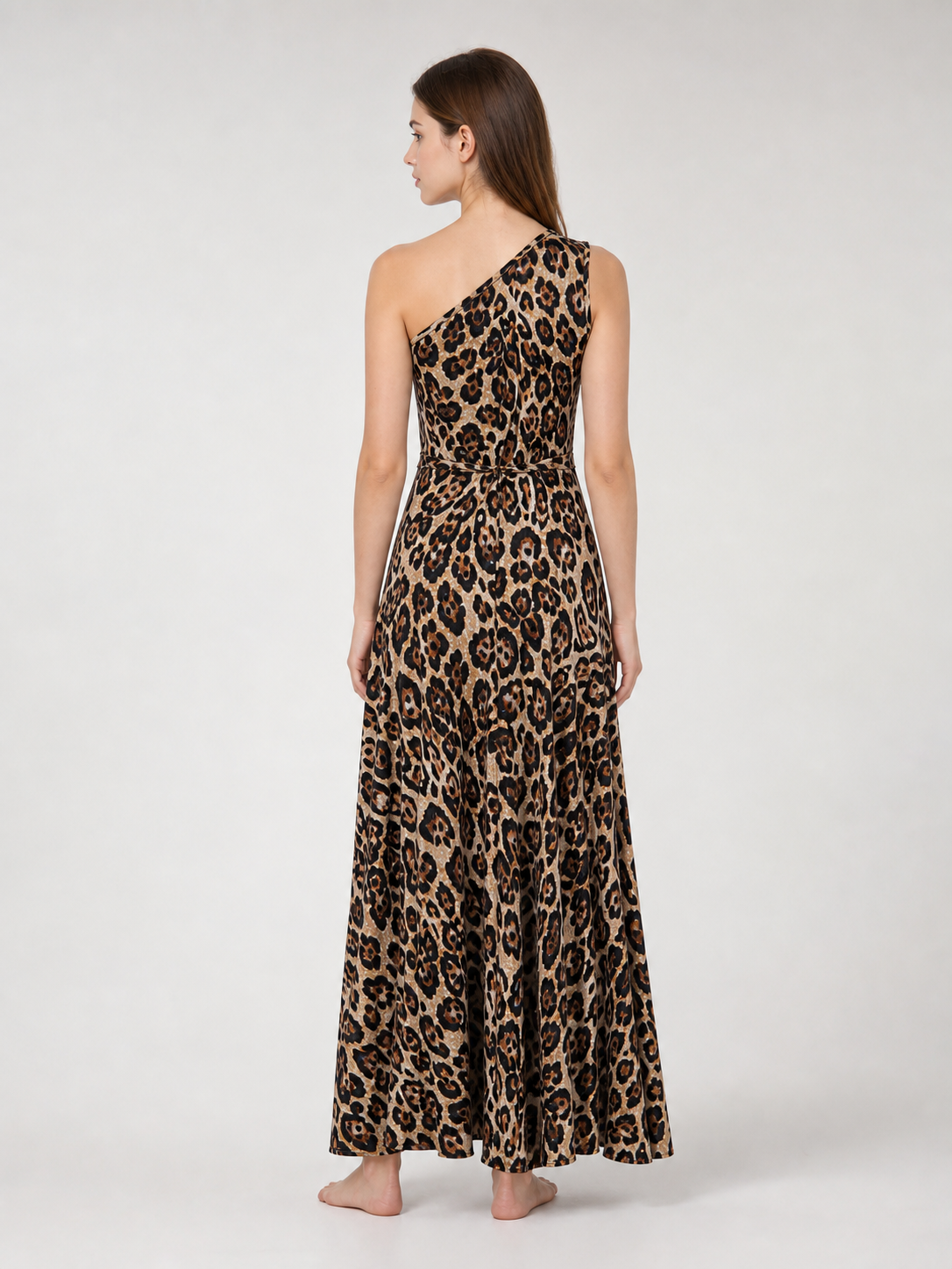 One-Shoulder Leopard Print Maxi Dress