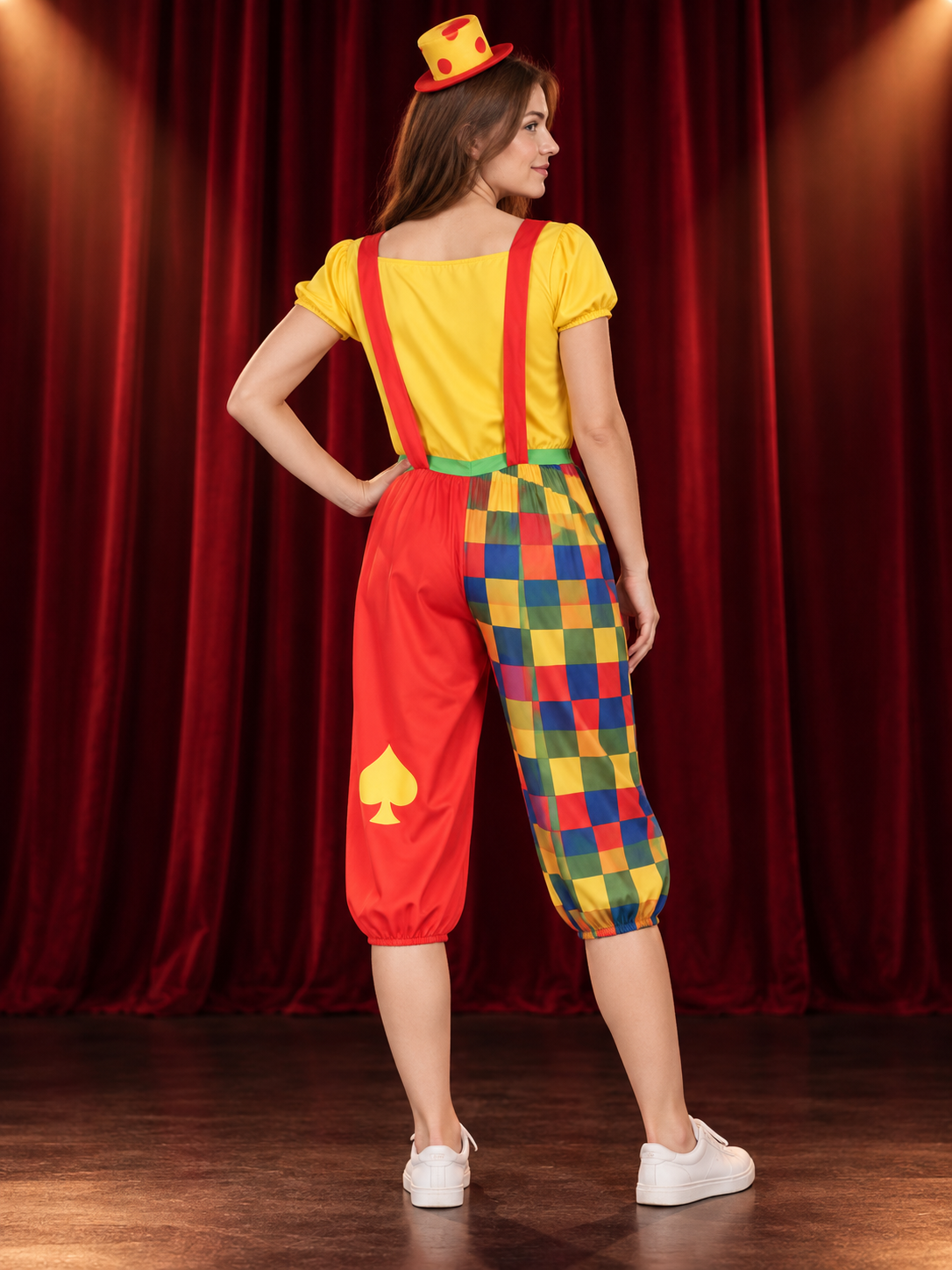 Clown Costume with Yellow Hat and Multicolored Pants