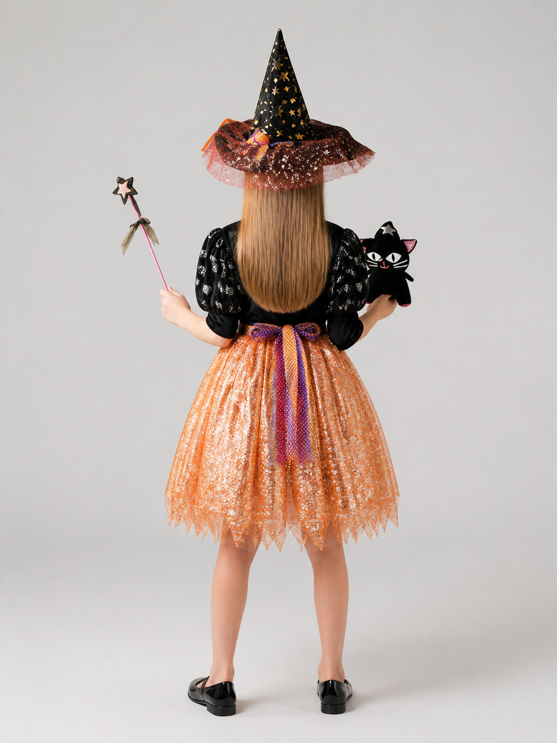 Witch Costume with Skirt, Hat, and Magic Wand back view