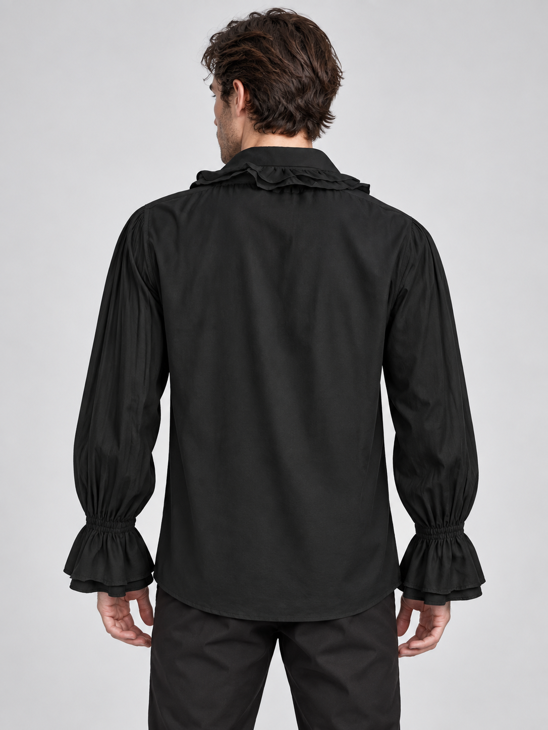 Black shirt with ruffles, lacing, and gathering