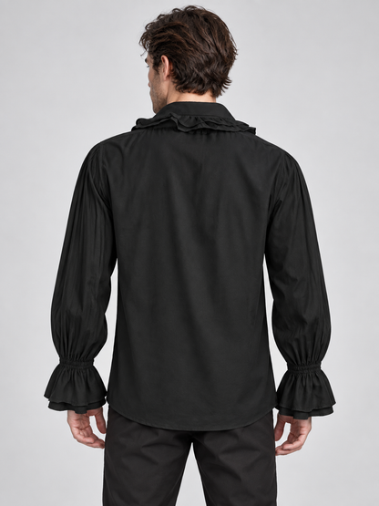 Black shirt with ruffles, lacing, and gathering