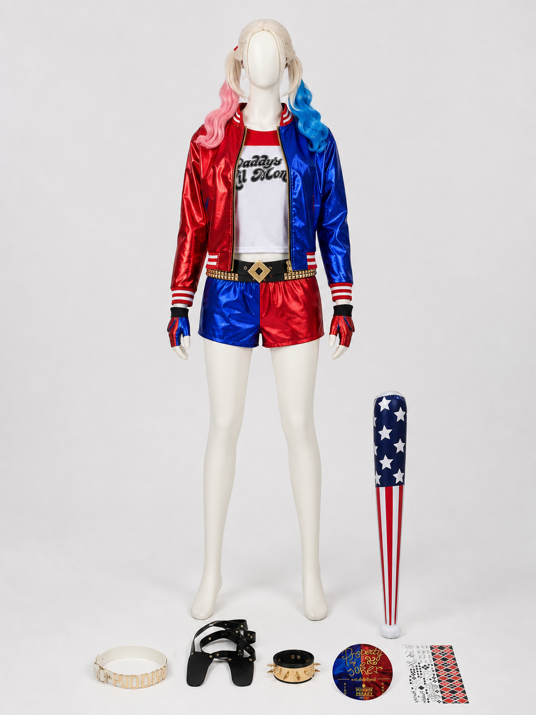 Harley Quinn Cosplay Costume, Wig, and Accessories back view