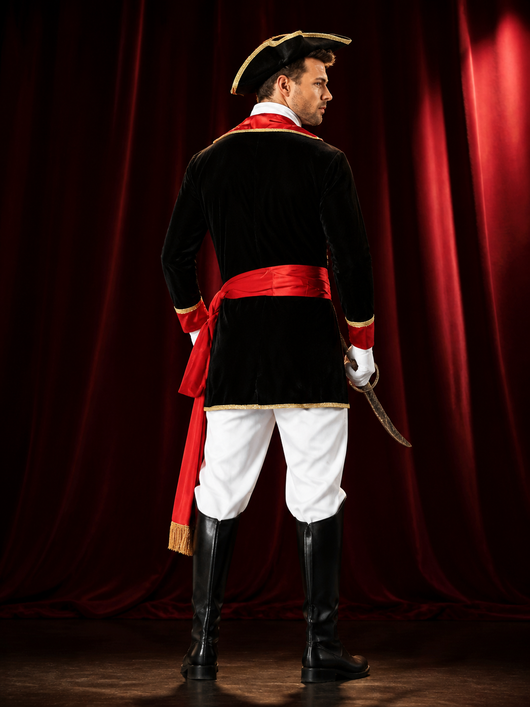 Adult Pirate Captain Halloween Costume Set With Hat, Coat, Tie, Gloves, Belt And back view