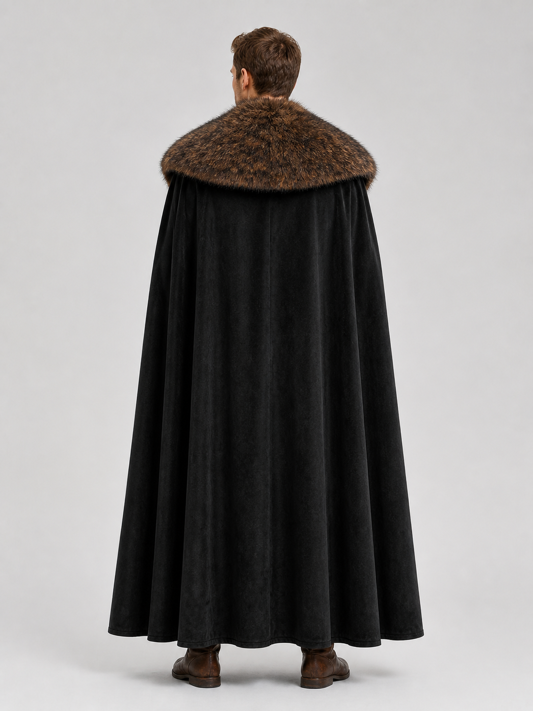 Black Adult Cape with Brown Fur Collar back view