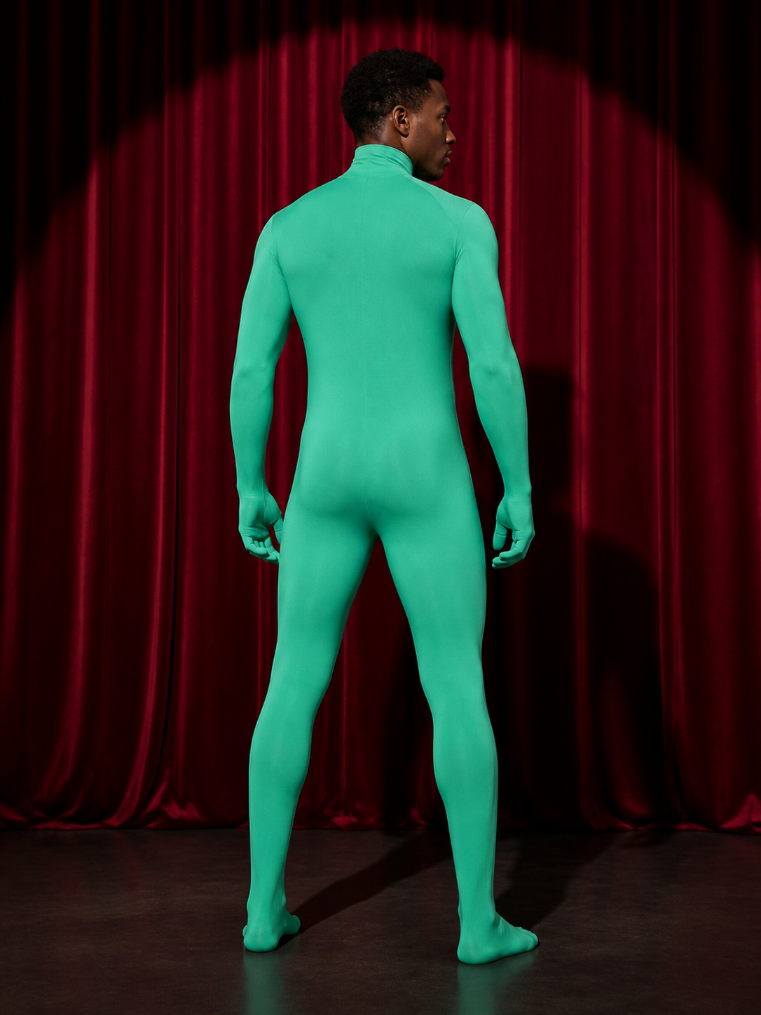 Kids Green Fluorescent Hooded Zentai Jumpsuit Halloween Costume back view