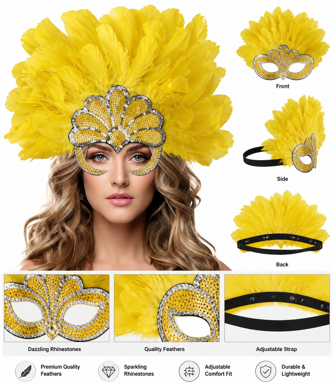 Yellow Carnival Headpiece with Gold Fan back view 2