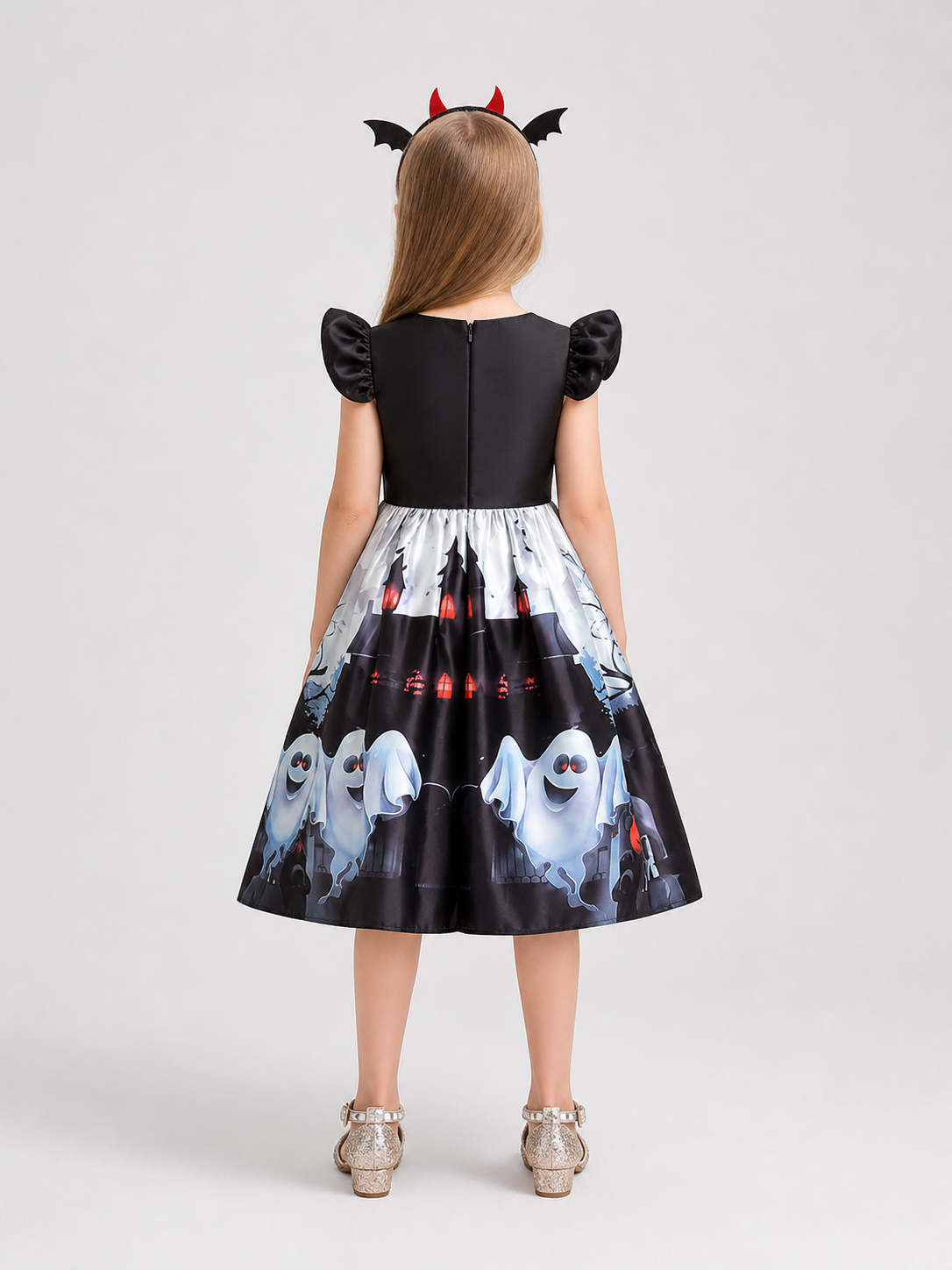 Halloween Dress with Pumpkin, Castle, and Ghost Prints