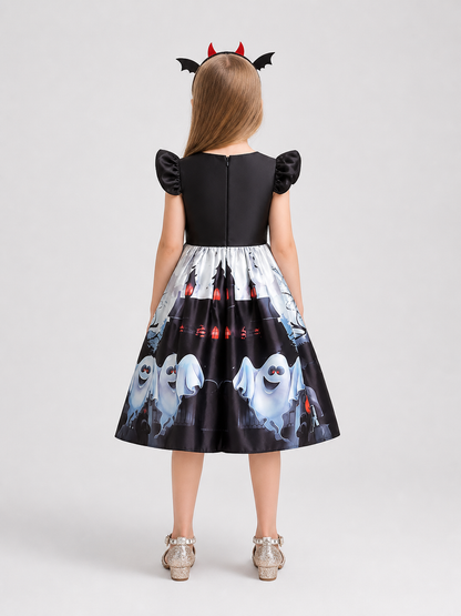 Halloween Dress with Pumpkin, Castle, and Ghost Prints