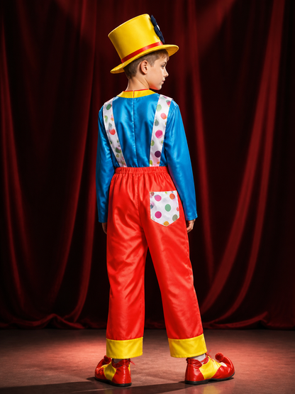 Boys' Colorful Clown Circus Costume Set with Jumpsuit and Tall Hat back view