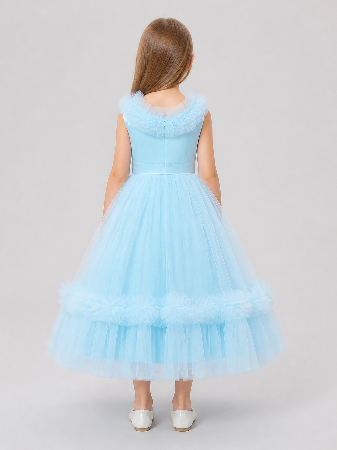 Girls' Light Blue Princess Dress with Full Skirt and Bow back view