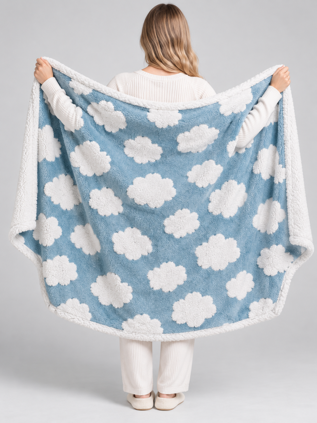 Blue Pet Blanket with White Clouds back view