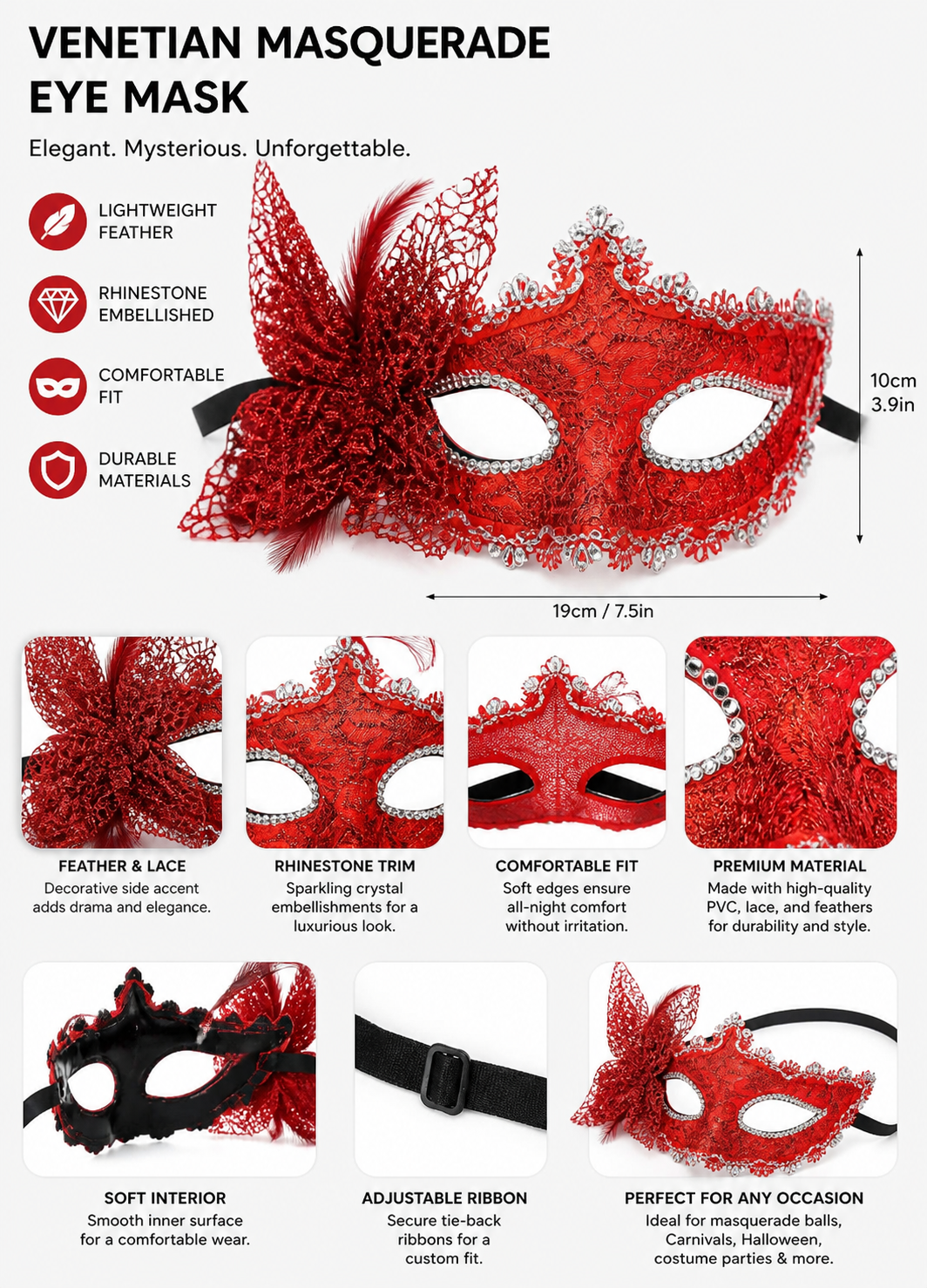 Red feather masquerade half mask product view 26
