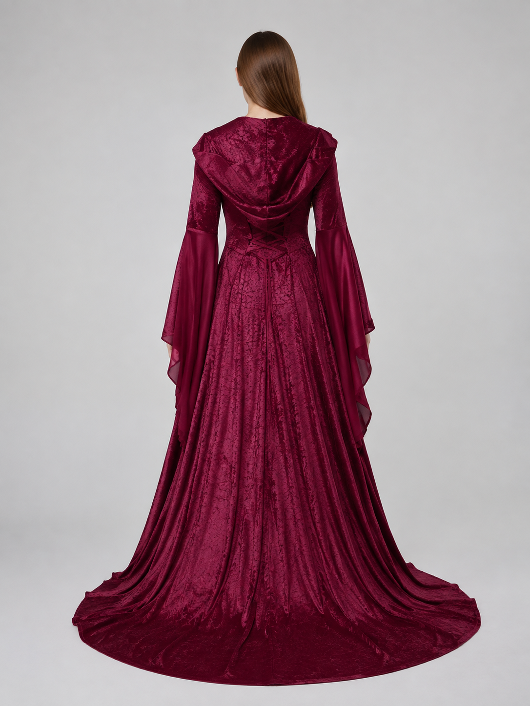 Burgundy costume dress in a medieval style with a hood back view