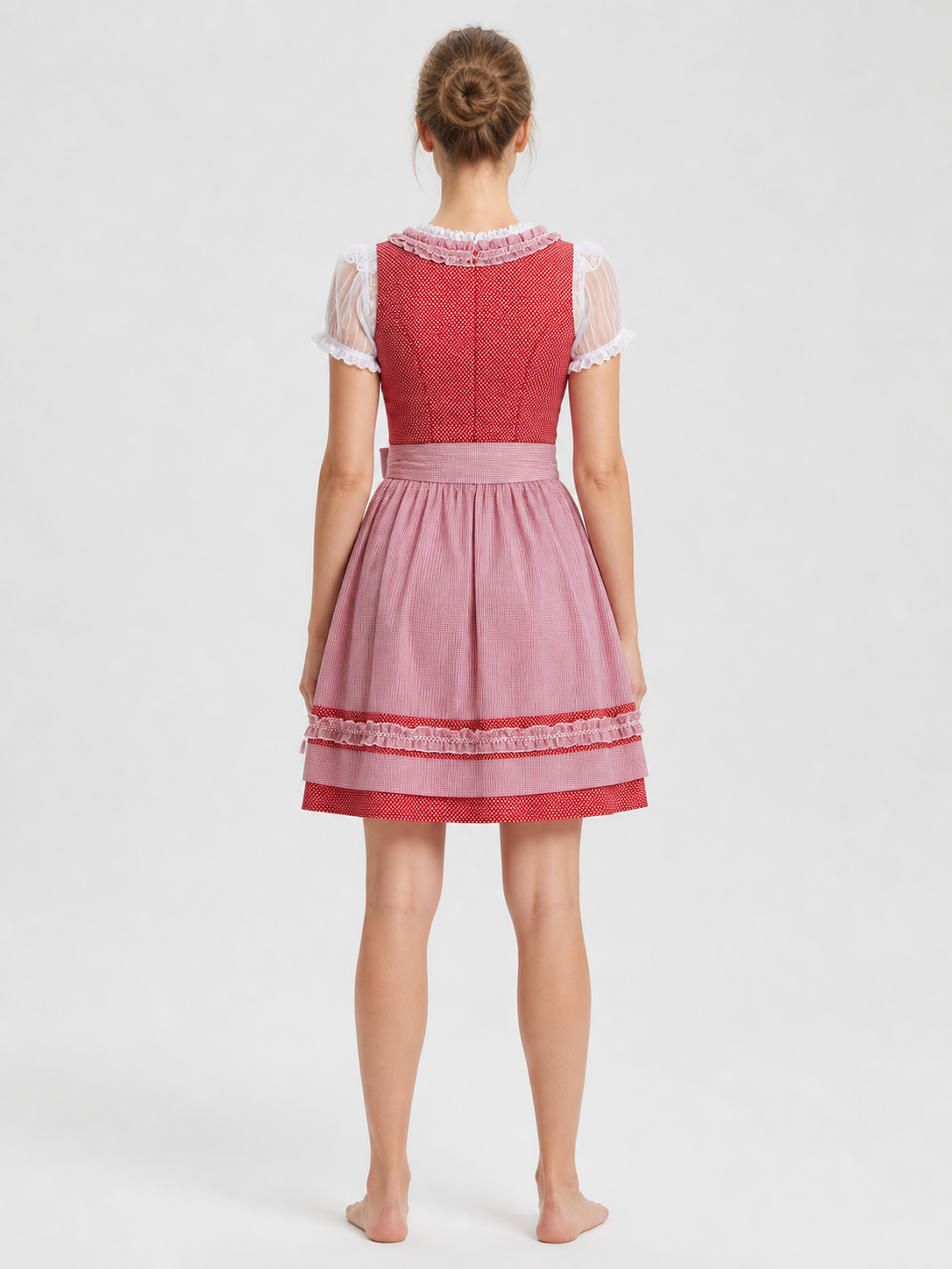 Bavarian Oktoberfest Dress Costume, Red and Pink back view
