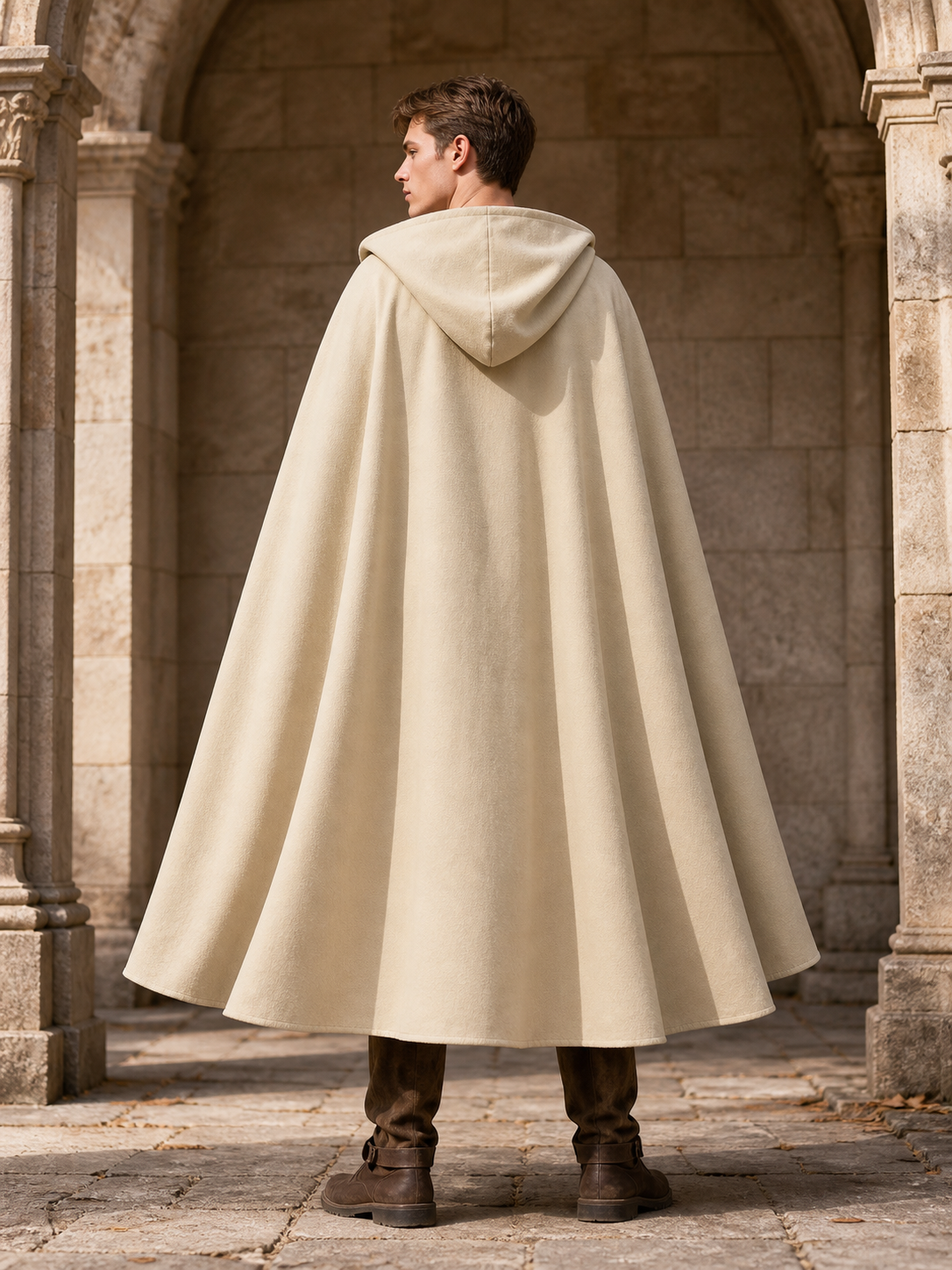 Medieval Hooded Cloak, Pointed Hood Full-Length Draped Cape in Khaki for Cosplay, Fantasy Costumes and Historical-Style Outdoor Outfits