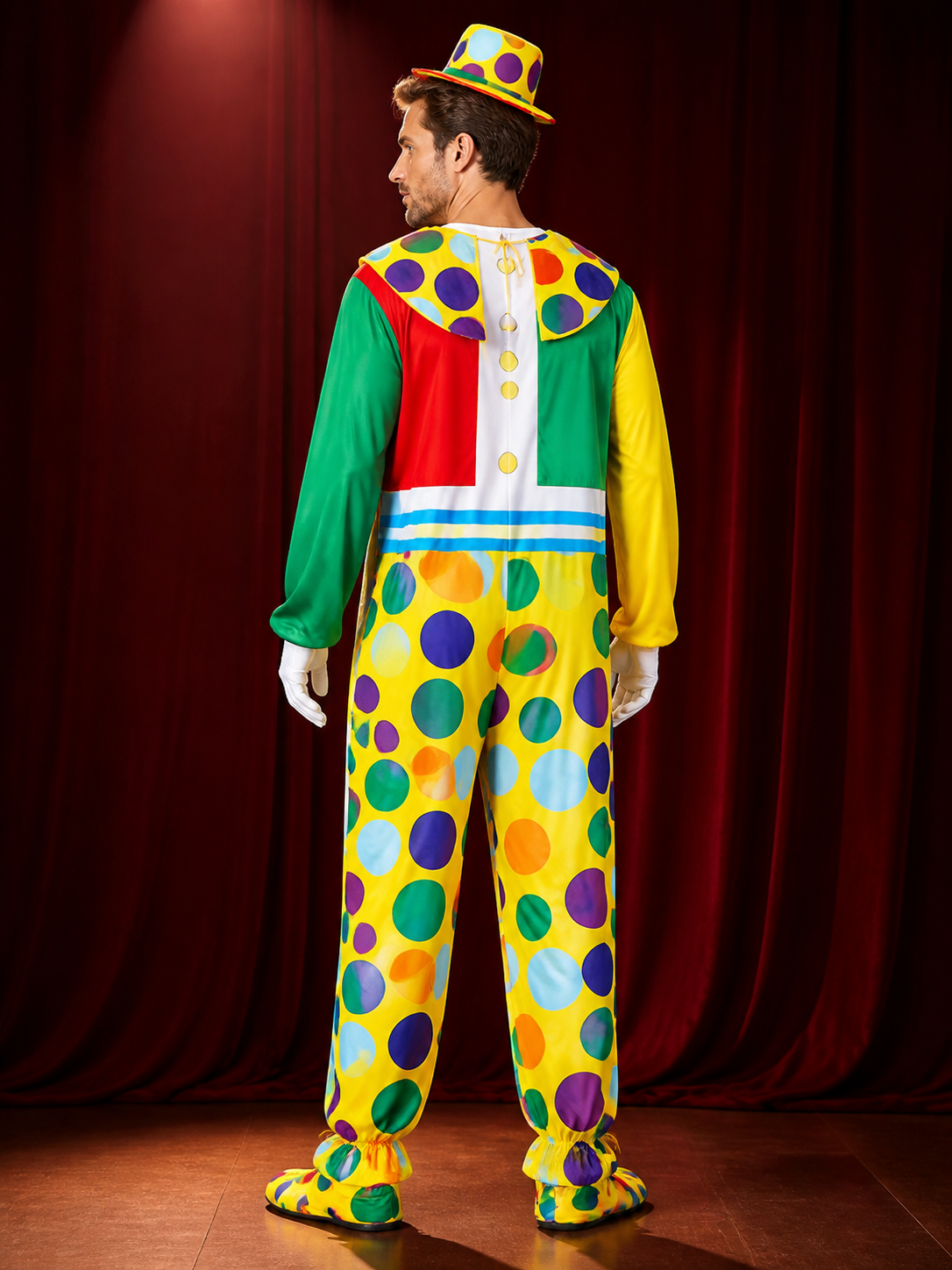Unisex Adult Clown Jumpsuit Costume Set with Polka Dot Hat and Robe for back view