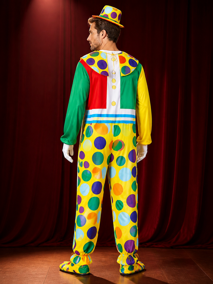 Unisex Adult Clown Jumpsuit Costume Set with Polka Dot Hat and Robe for back view