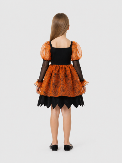 Children’s Halloween Dress, Black and Orange, with Spiderweb Pattern back view