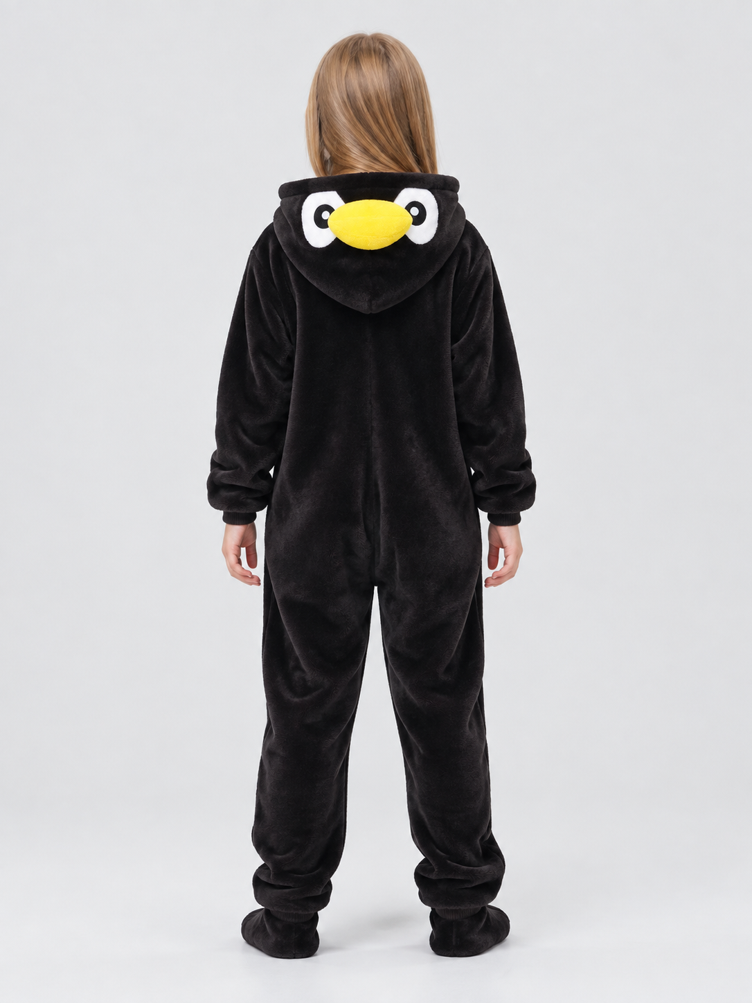 Black and white hooded pajama jumpsuit with animal face