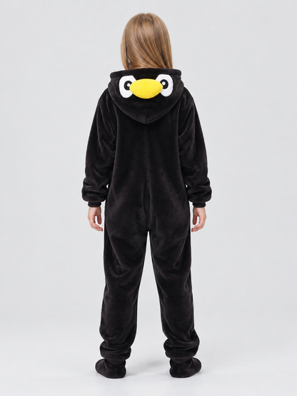 Black and white hooded pajama jumpsuit with animal face