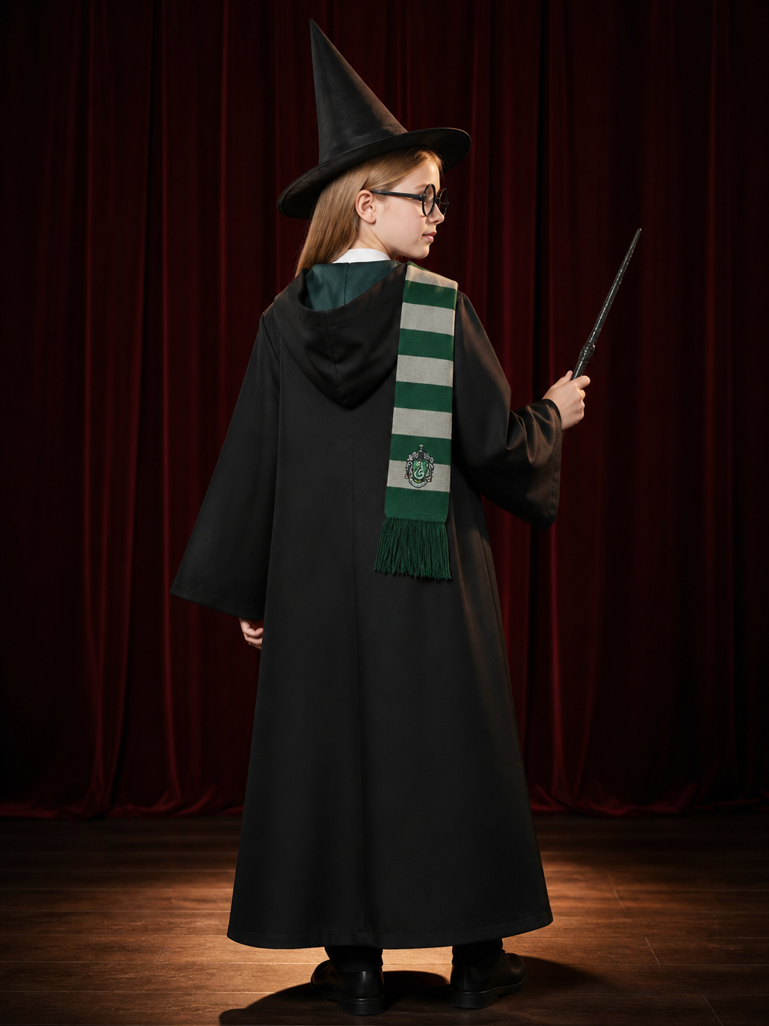 Green And Silver Wizard Robe Costume Set, 7-Piece Cosplay Outfit With Hat, Scarf back view