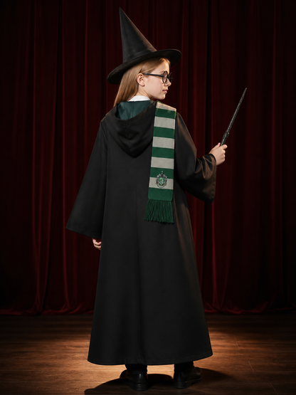 Green And Silver Wizard Robe Costume Set, 7-Piece Cosplay Outfit With Hat, Scarf back view