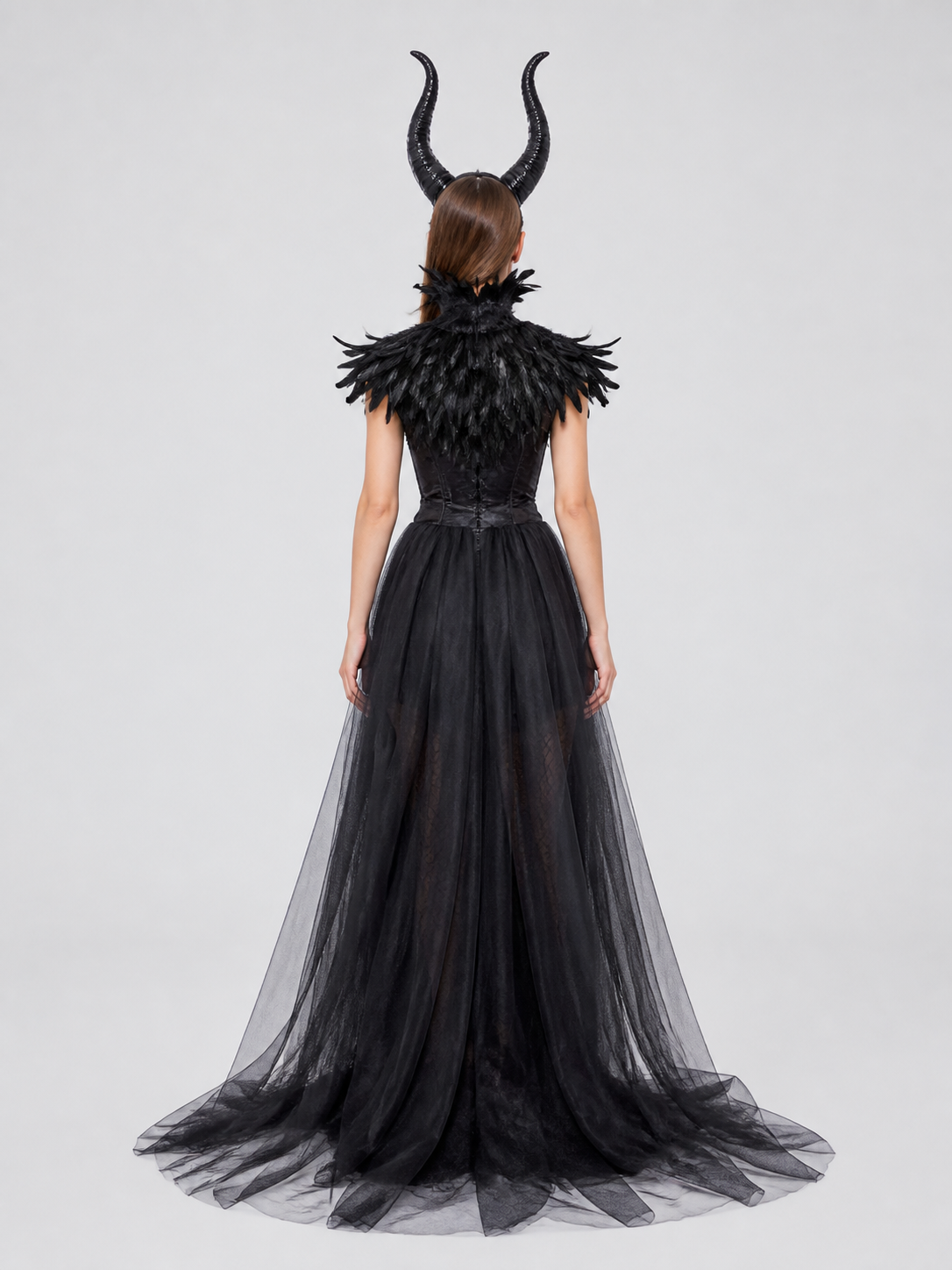 Black Fantasy Character Costume with Horned Headpiece