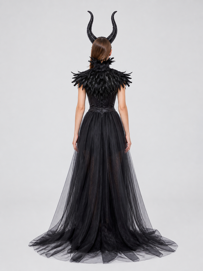 Black Fantasy Character Costume with Horned Headpiece