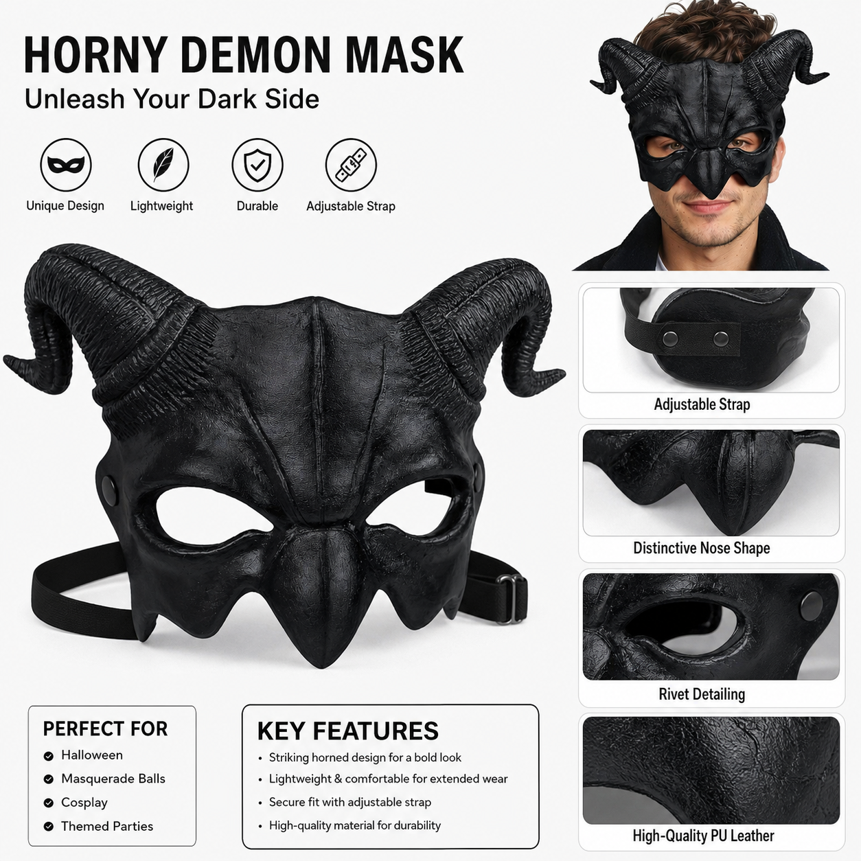 1pc Halloween Horned Demon Half Face Mask, Black Sculpted Design for Cosplay Party