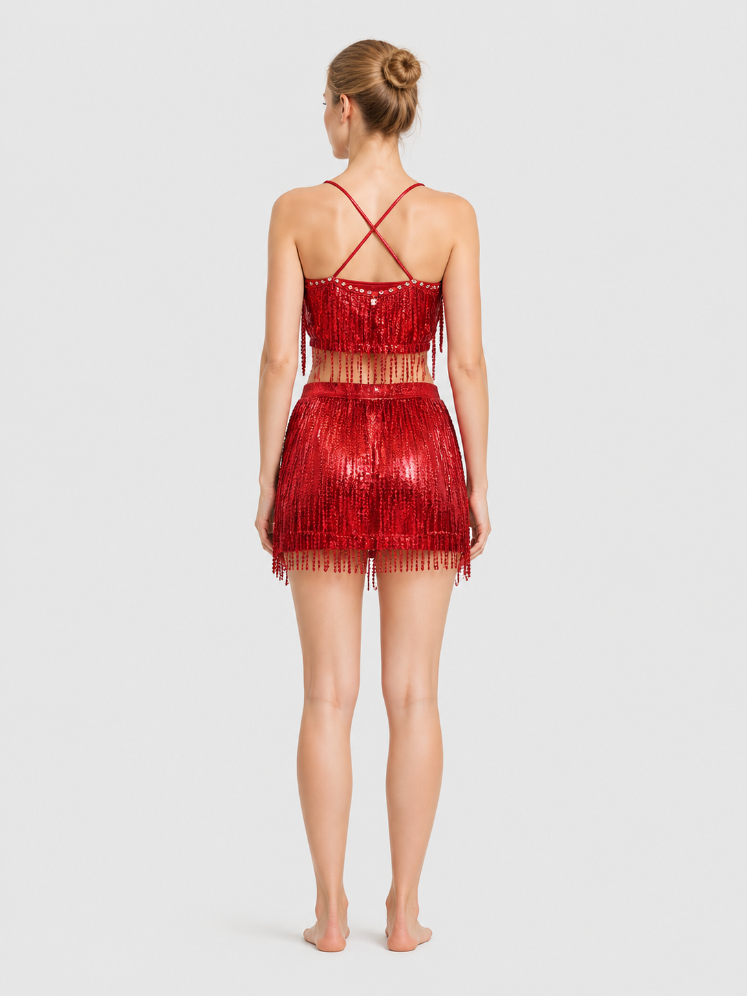 Red Stage Costume: Top and Fringed Skirt back view