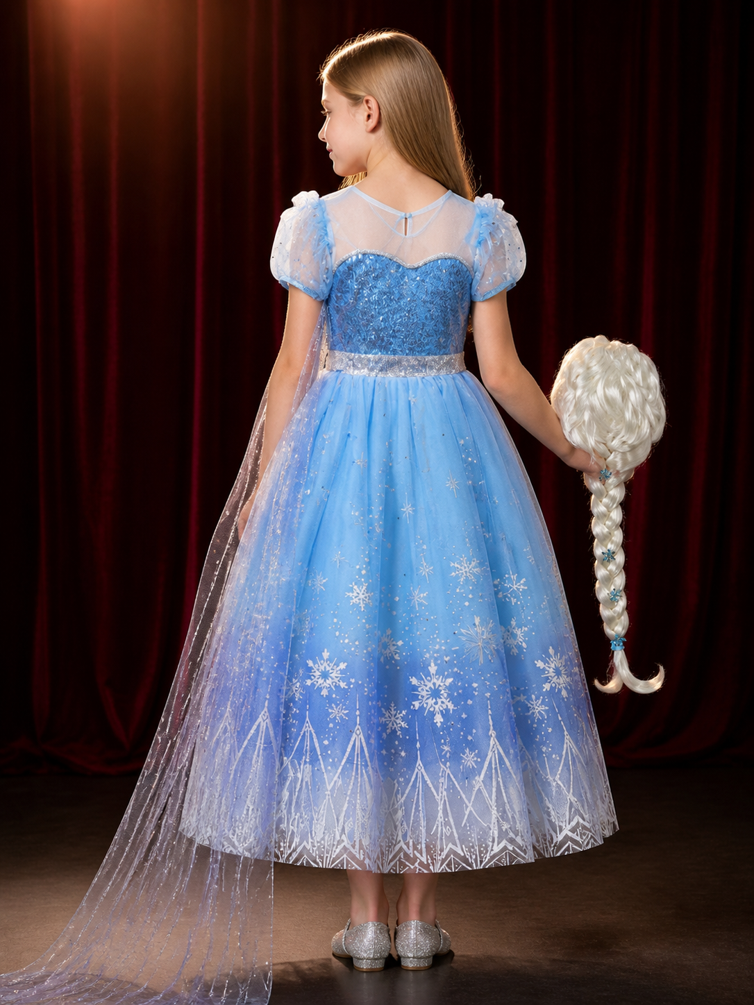Girls Snow Queen Sequined Costume Dress, Blue Puffy Gown with Cape and Wig back view