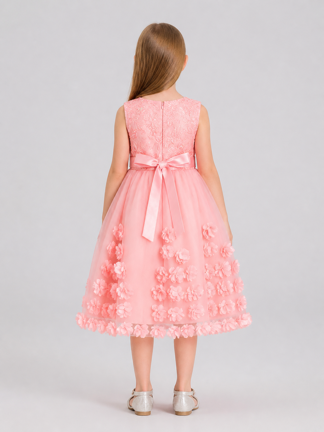 Girls' Formal Sequin Dress with 3D Flowers back view