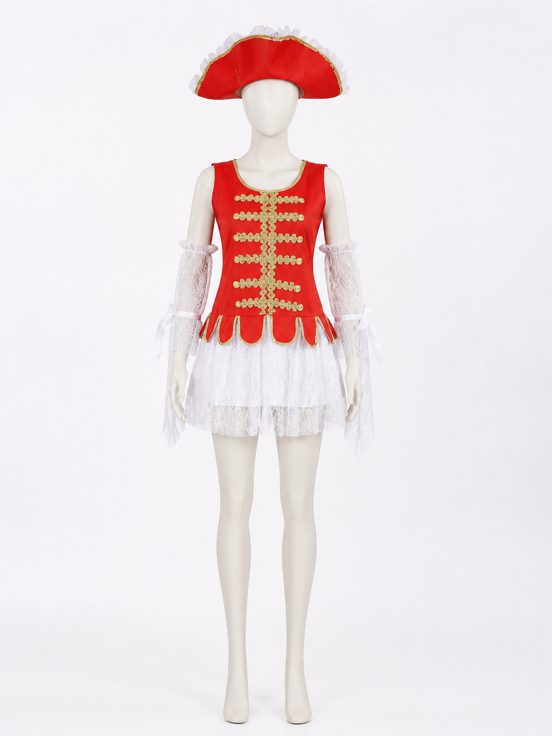 Women's Pirate Costume Set with Red Lace Dress, Hat and Sleeves for Halloween back view