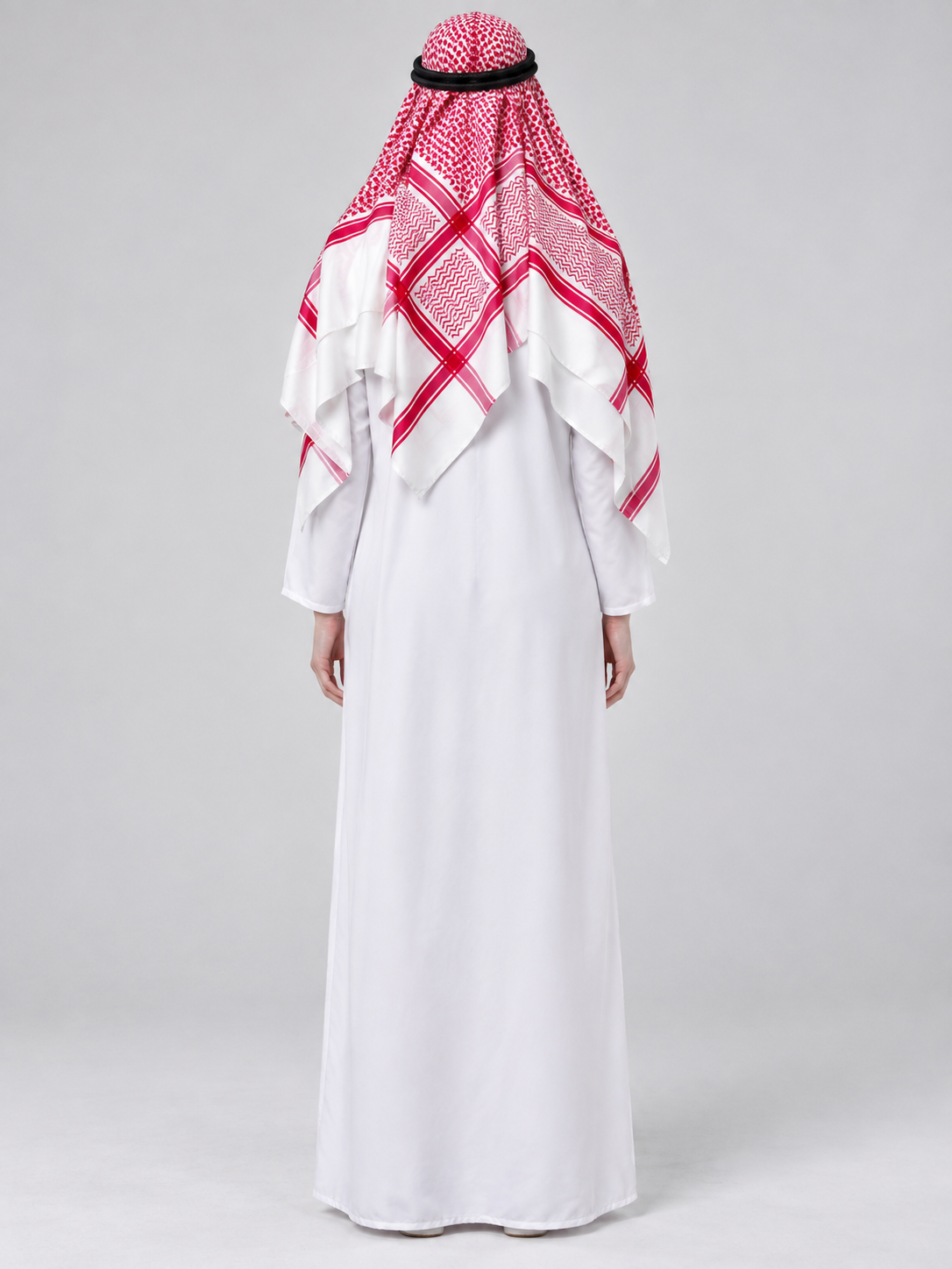 Arabian-themed costume with headscarf back view
