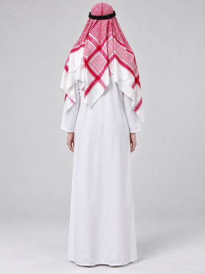 Arabian-themed costume with headscarf back view