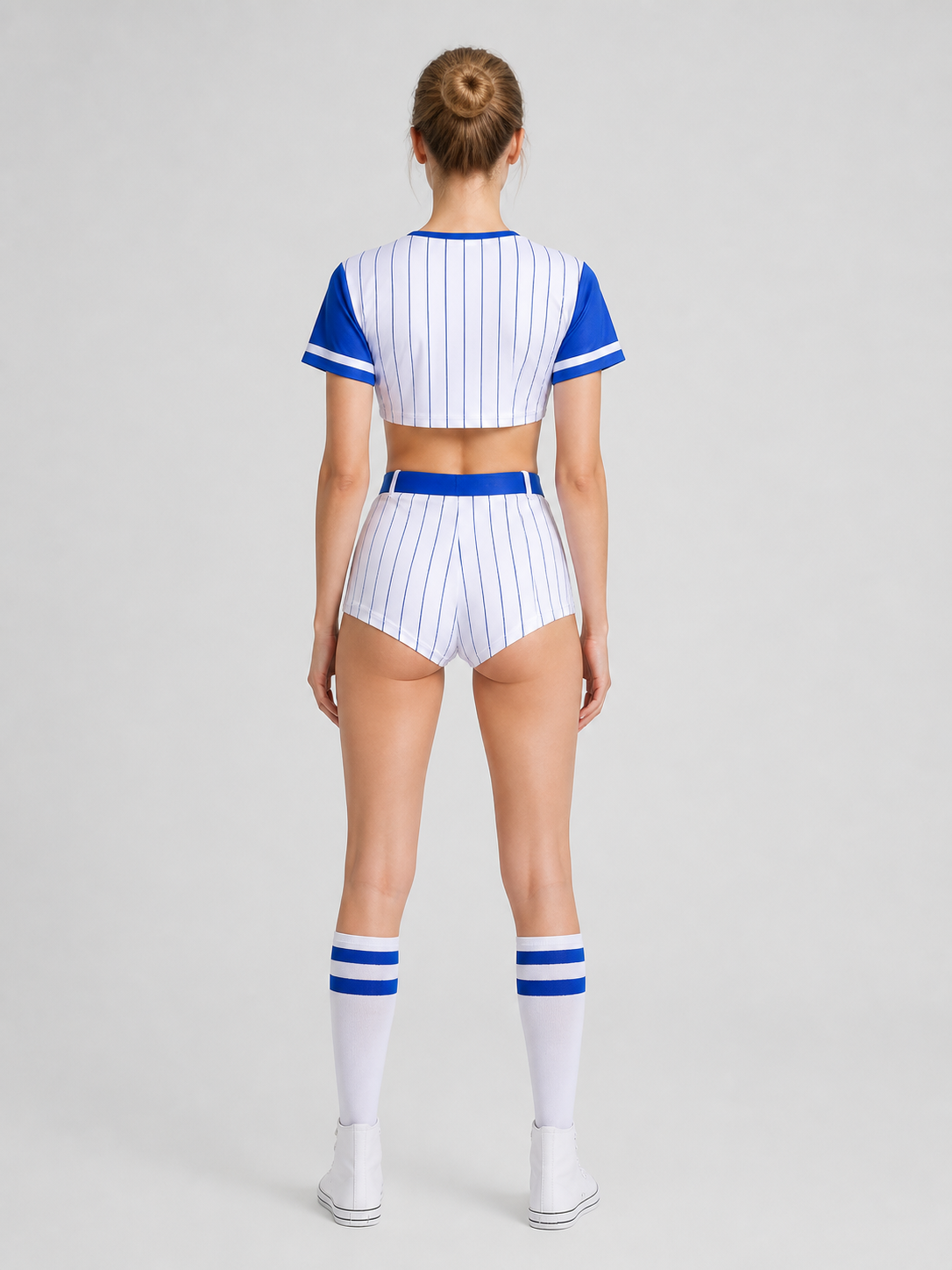 Blue Striped Cheerleader Costume with Skort, S-XL back view