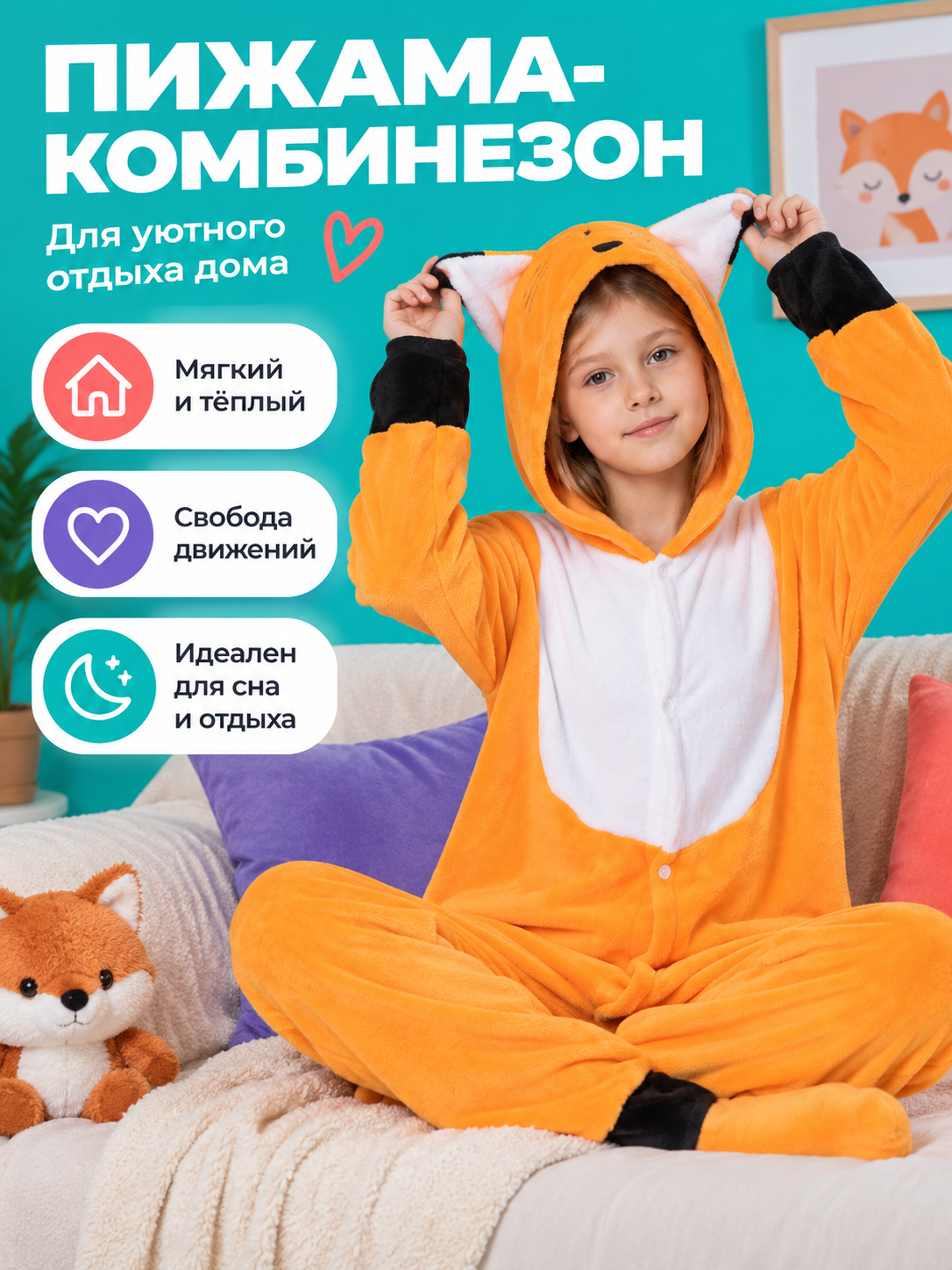 Orange Hooded Pajama Jumpsuit with Ears