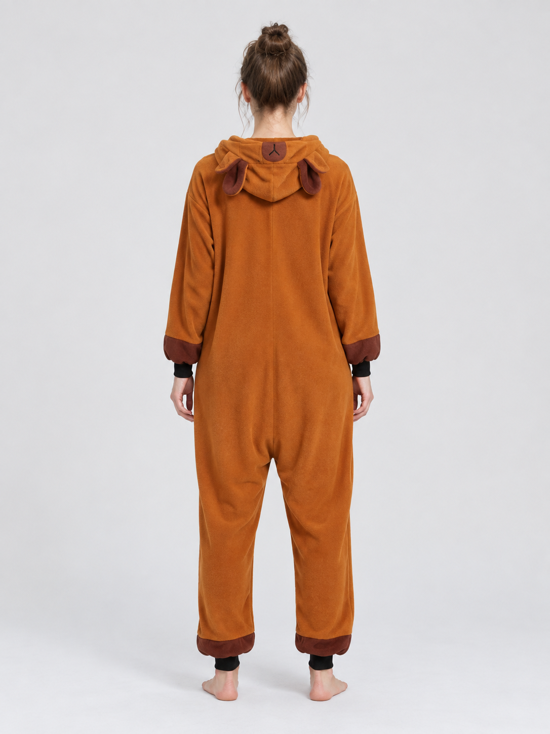 Hooded Pajama Jumpsuit with Ears, Orange-Brown