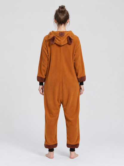 Hooded Pajama Jumpsuit with Ears, Orange-Brown