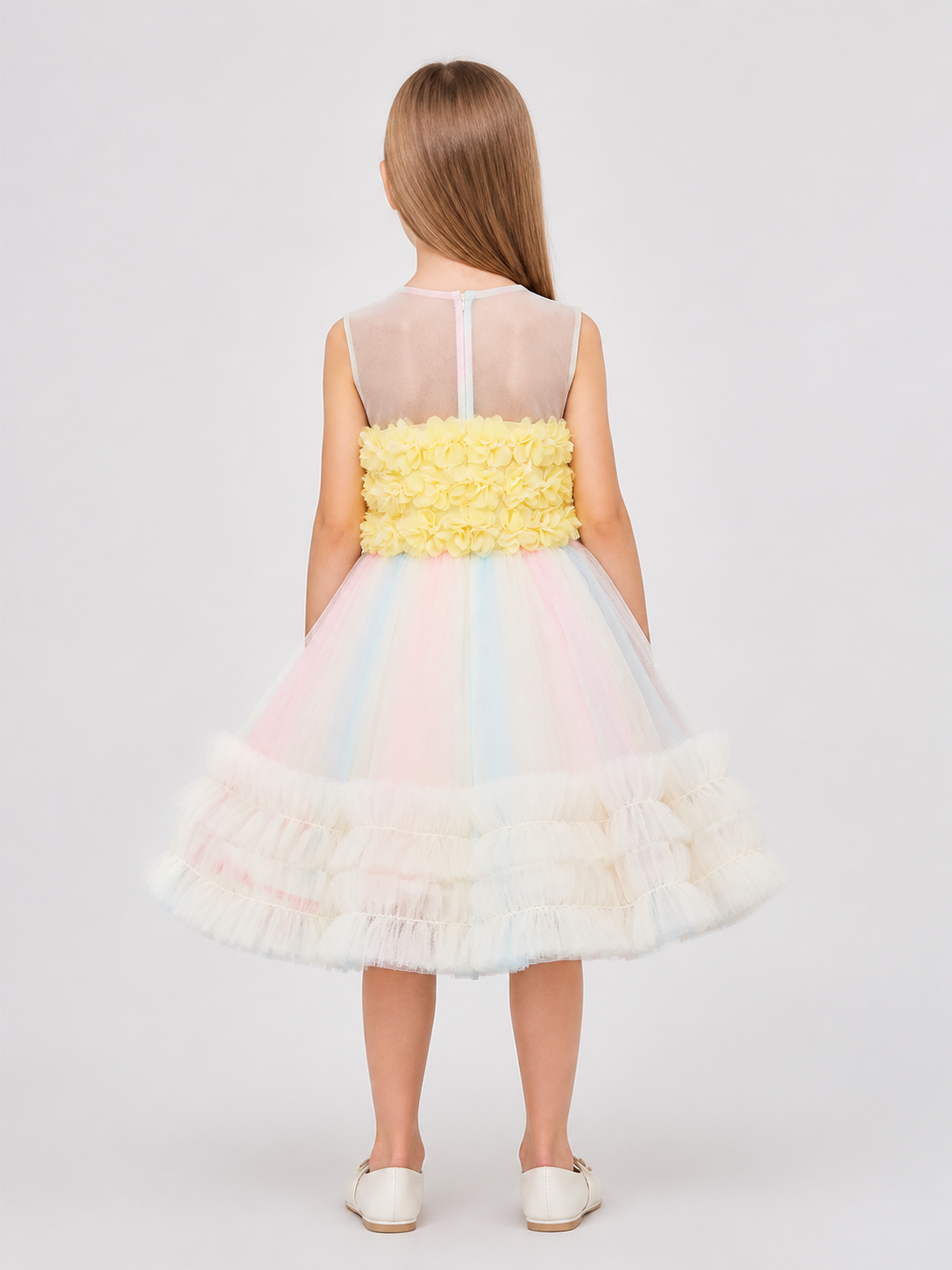 Girls' Full Princess Dress with Flowers and Tulle back view