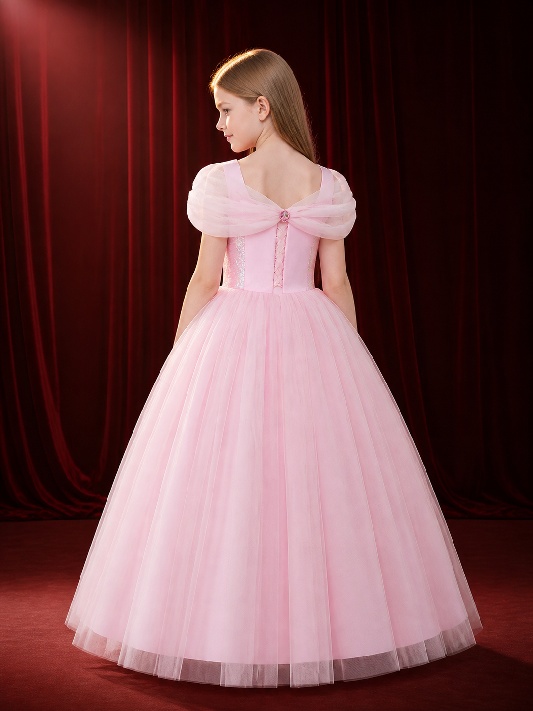 Girls' Pink Princess Costume Dress, Sequined Off-Shoulder Layered Tulle Gown back view