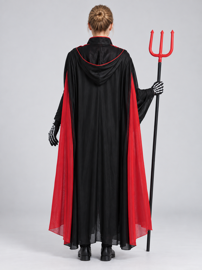 Skeleton costume with mask, cape, and trident back view