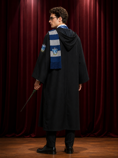 Ravenclaw Wizard Robe Costume Set with Tie, Scarf, Wand and Round Glasses back view