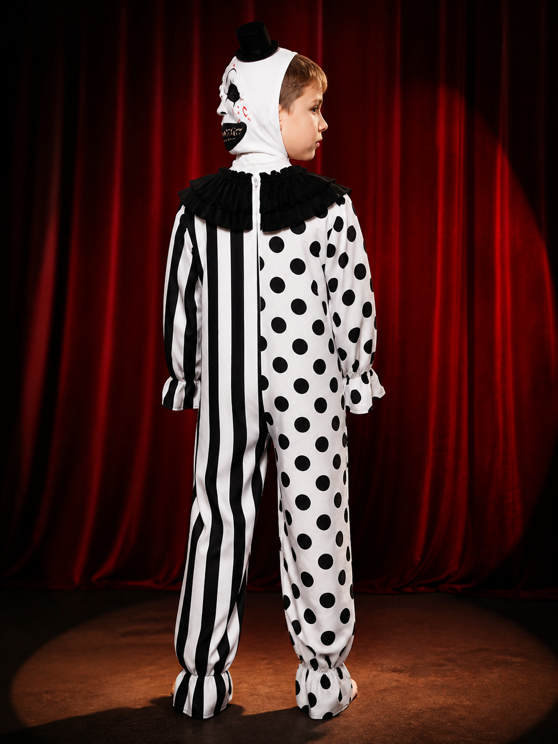 Scary Halloween Polka Dot Clown Jumpsuit Costume Set with Headpiece and Top Hat back view