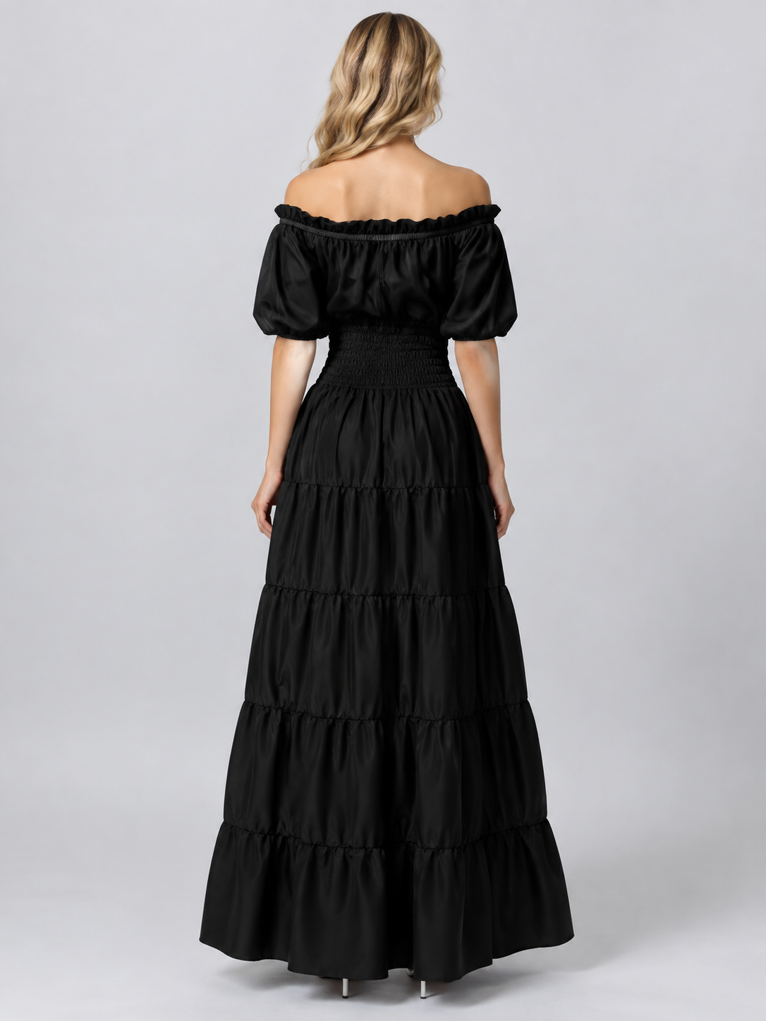 Floor-Length Off-the-Shoulder Dress with Puff Sleeves back view